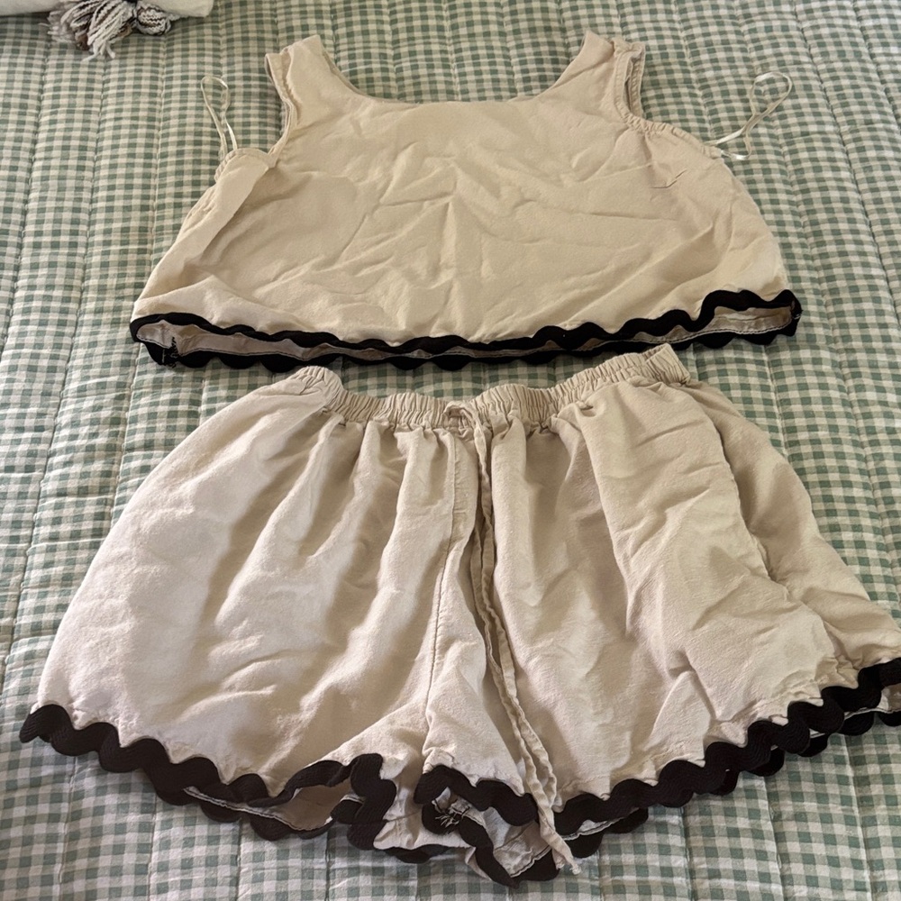 Beige Tank Top and Shorts Set with Black Trim